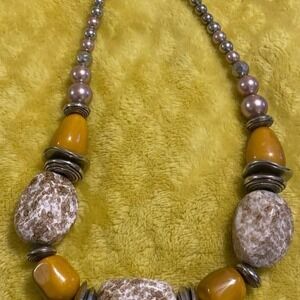 Statement Necklace Chunky Beads Brown White Orange‎ Silver Tone Fashion Jewelry
